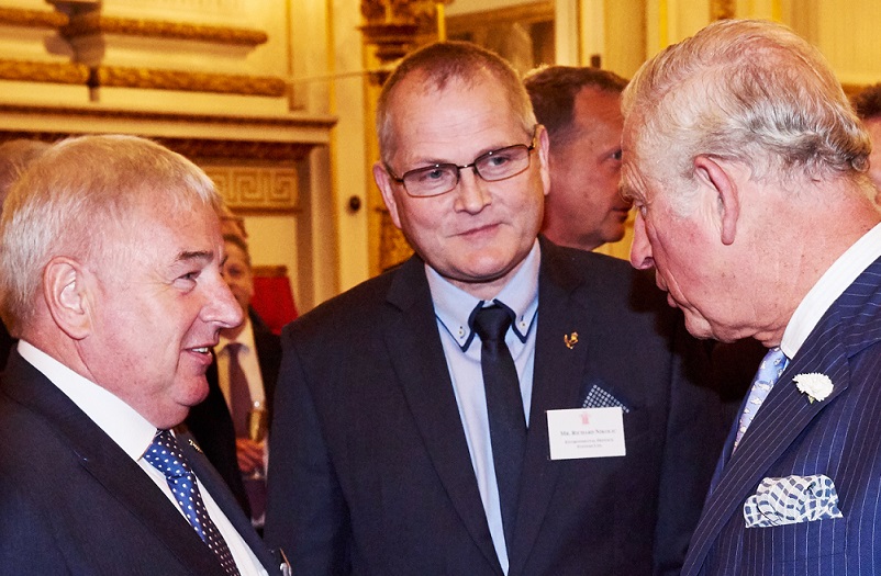Prince Charles chatting to Yorkshire entrepreneur Richard Bailey (left), managing director of Huddersfield-based Environmental Defence Systems Ltd, and sales director Richard Nikolic at a Royal reception for Queen’s Award winners